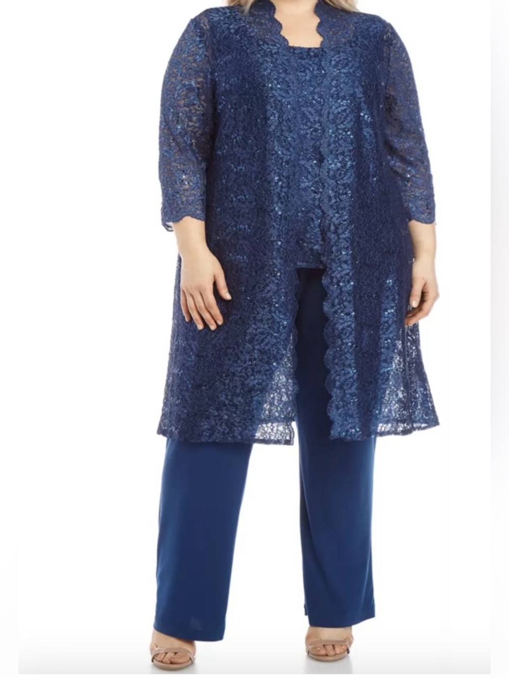 R&M Richards Metallic 3 Piece Set with Sheer Scalloped Lace Jacket Navy Blue 18
